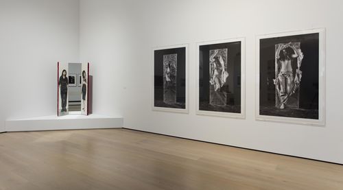 Self-Portrait gallery. From left to right: Judith F. Baca, Las Tres Marías (The three Marias), 1976, and Lourdes Grobet, Hora y media (Hour and a half), 1975. Installation view at the Hammer Museum, Los Angeles
