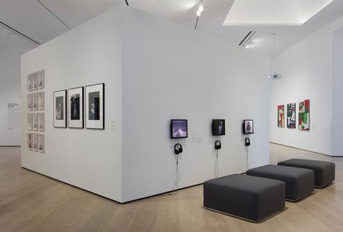 Self-Portrait gallery. On monitors: videos by Margarita Morselli, Maria Martínez-Cañas, and Anna Bella Geiger. Installation view at the Hammer Museum, Los Angeles
