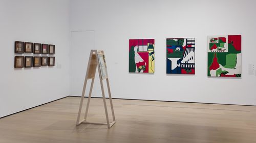 Self-Portrait gallery. From left to right: Magali Lara, Ventanas (Windows), 1977–78, Virginia Errázuriz, 28 / Noviembre / 1979—Diario de un día (28 / November / 1979—Diary of a day), 1979/2011, and three paintings by Wanda Pimentel. Installation view at the Hammer Museum, Los Angeles
