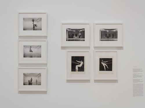 Performing the Body gallery. From left to right: Photographs of Sylvia Palacios Whitman performances Passing Through, 1977, and Sling Shot, 1975. Installation view at the Hammer Museum, Los Angeles