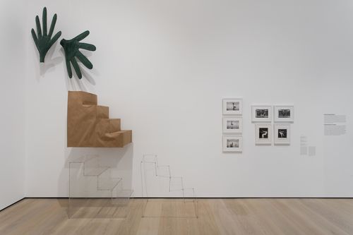 Performing the Body gallery. From left to right: Elements from Sylvia Palacios Whitman's performance Passing Through, 1977, and photographs of Passing Through and Sling Shot, 1975. Installation view at the Hammer Museum, Los Angeles