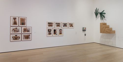 From left to right: Ana Mendieta, Untitled (Glass on Body Imprints), 1972, and Untitled (Facial Hair Transplants), 1972, Ani Villanueva, Cuadro móvil (Moving Picture), 1982, and elements from Sylvia Palacios Whitman's performance Passing Through, 1977. Installation view at the Hammer Museum, Los Angeles