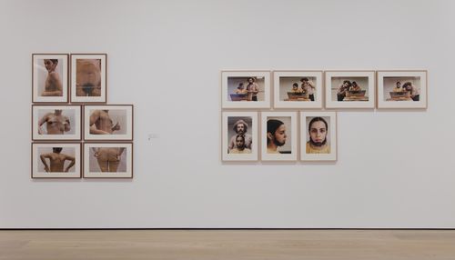 Mapping the Body gallery. From left to right: Ana Mendieta, Untitled (Glass on Body Imprints), 1972, and Untitled (Facial Hair Transplants), 1972. Installation view at the Hammer Museum, Los Angeles