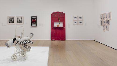 Mapping the Body gallery. Foreground: Dalila Puzzovio, Escape de gas (Gas Leak), 1963; rear wall, from left to right: works by Liliana Maresca, Margot Römer, and Eugenia Vargas Pereira. Installation view at the Hammer Museum, Los Angeles
