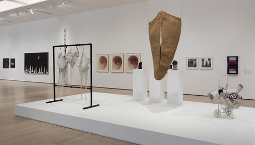 Mapping the Body gallery. Foreground, from left to right: Johanna Hamann, Barrigas (Bellies), 1979–83, Marta Palau, Ilerda V, 1973, and Feliza Bursztyn, La Histérica (The Hysterical One), 1968. Installation view at the Hammer Museum, Los Angeles
