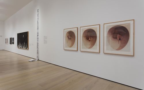 Foreground: Sophie Rivera, Rouge et noir (Red and black), 1977–78. Installation view at the Hammer Museum, Los Angeles