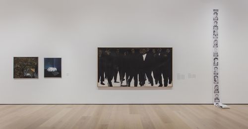 Resistance and Fear gallery. From left to right: Diana Dowek, Paisaje con retrovisor II (Landscape with Side View Mirror II), 1975, and Procedimiento (Procedure), 1974, Gracia Barrios, América no invoco tu nombre en vano (America, I don’t take your name in vain), 1970, and Luz Donoso, Huincha sin fin (Endless band), 1978. Installation view at the Hammer Museum, Los Angeles