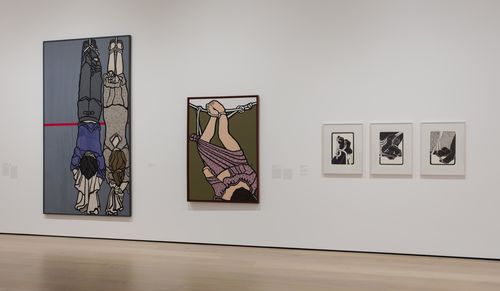 Resistance and Fear gallery. From left to right: Sonia Gutiérrez, Seguiremos diciendo patria (We’ll keep saying homeland), 1972, Y con unos lazos me izaron (And they lifted me up with rope), 1977, Más allá del estado de sitio (Beyond the state of siege), Cimitarra: Vivo o muerto al aeropuerto (Cimitarra: Live or dead at the airport), and Operación rastrillo (Search operation), 1976. Installation view at the Hammer Museum, Los Angeles