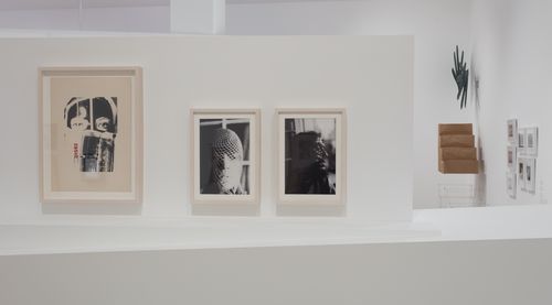 Foreground, from left to right: Nelbia Romero, Sin título (Untitled), 1983, and Cecilia Vicuña, Cabeza Amarrada (Bound head), 1970. Installation view at the Hammer Museum, Los Angeles