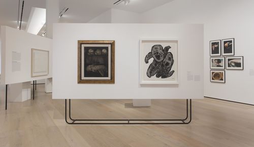 Resistance and Fear gallery. Foreground, from left to right: Antonia Eiriz, Testigos (Witnesses), ca. 1967, and Figuras (Figures), ca. 1965. Installation view at the Hammer Museum, Los Angeles