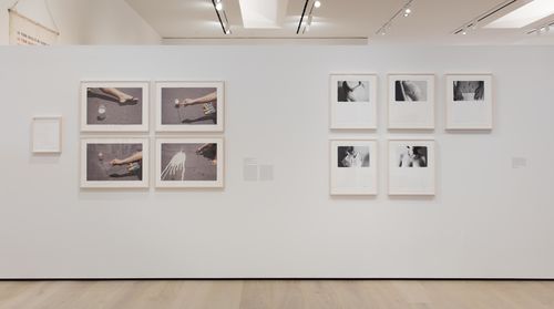 The Power of Words gallery. From left to right: Cecilia Vicuña, Vaso de leche, Bogotá (Glass of milk, Bogotá), 1979, and Marta María Pérez, five photographs from the series Para concebir (To conceive), 1985–86. Installation view at the Hammer Museum, Los Angeles