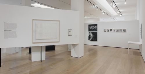 The Power of Words gallery. Foreground wall, from left to right: Marie Orensanz, Producir cambios a través del pensamiento (To Produce Changes through Thought), 1975, and Fragmentismo (Fragmentism), 1978. Installation view at the Hammer Museum, Los Angeles