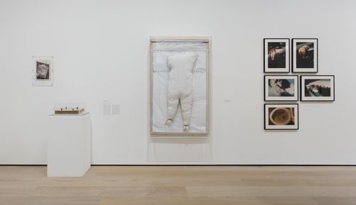 Resistance and Fear gallery. From left to right: Catalina Parra, Cicatriz (Scar), 1977, Diario de vida (Diary of Life), 1977, and Imbunche gigante (Giant Imbunche), 1977, and Ana Mendieta, Rape Scene, 1973. Installation view at the Hammer Museum, Los Angeles