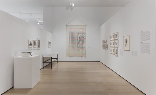 Feminisms gallery. Center: Lea Lublin, Interrogations sur la Femme (Interrogations about Woman), 1978. Installation view at the Hammer Museum, Los Angeles
