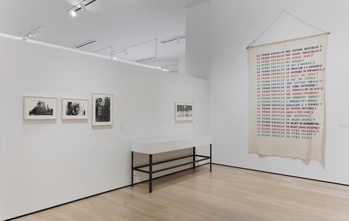 Feminisms gallery. On wall, from left to right: Three photographs by Yolanda Andrade, Carla Rippey, La edad de las ilusiones (The age of illusions), 1984, and Lea Lublin, Interrogations sur la Femme (Interrogations about Woman), 1978. Installation view at the Hammer Museum, Los Angeles