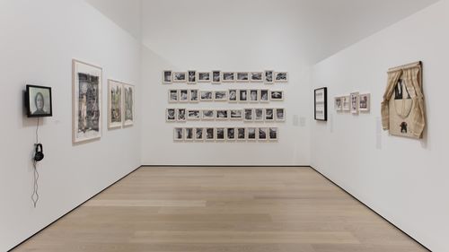Feminisms gallery. Center: Ana Victoria Jiménez, photographs from the series Cuaderno de tareas (Assignment Book), 1978–81. Installation view at the Hammer Museum, Los Angeles