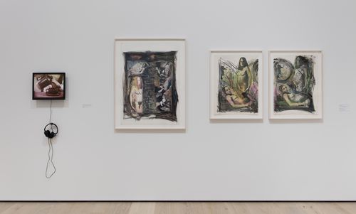"Feminisms" gallery. From left to right: Patricia Restrepo, Por la mañana (In the morning), 1979, and Josely Carvalho, The Birth, 1981, and Waiting, 1982. Installation view at the Hammer Museum, Los Angeles