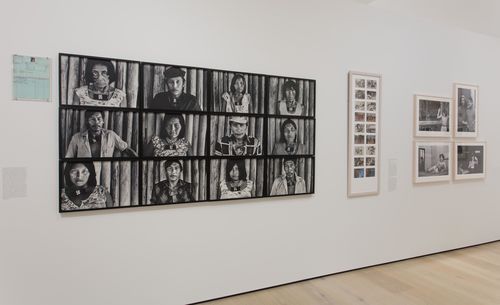 Social Places gallery. From left to right: Claudia Andujar, works from the series Marcados (Marked), 1981–83, Anna Bella Geiger, Brasil nativo, Brasil Alienígena (Native Brazil/Alien Brazil), 1977, and Paz Errázuriz, four photos from the series La manzana de Adán (Adam's Apple). Installation view at the Hammer Museum, Los Angeles