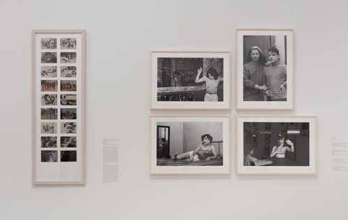 Social Places gallery. From left to right: Anna Bella Geiger, Brasil nativo, Brasil Alienígena (Native Brazil/Alien Brazil), 1977, and Paz Errázuriz, four photos from the series La manzana de Adán (Adam's Apple). Installation view at the Hammer Museum, Los Angeles