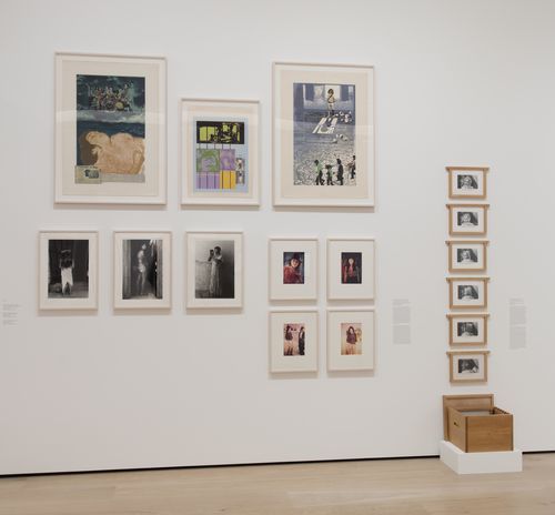 "Social Places" gallery. Top: three prints by Nirma Zárate; bottom, from left to right: three photographs by Graciela Iturbide, four photos by Isabel Castro, from the series Women under Fire, 1980, and Celia Alvarez Muñoz, La Honey (Enlightenment #9), 1983. Installation view at the Hammer Museum, Los Angeles