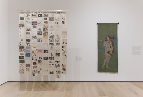 Social Places gallery. From left to right: Graciela Gutiérrez Marx, Grupo de familia, Reconstrucción del mito (Family Group, Reconstruction of the Myth), 1980, and Beatriz González, Botticelli Wash and Wear, 1976. Installation view at the Hammer Museum, Los Angeles