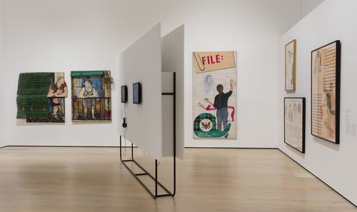 Social Places gallery. Back wall, from left to right: Marcia Schvartz, Les veines/Las vecinas (The Neighbors), 1980, and Barbara Carrasco, Censorship, 1984. Installation view at the Hammer Museum, Los Angeles