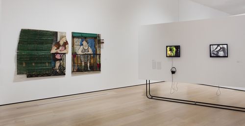 Social Places gallery. From left to right: Marcia Schvartz, Les veines/Las vecinas (The Neighbors), 1980, Diamela Eltit, Zonas de dolor II (Zones of Pain II), 1982, and Letícia Parente, Tarefa 1 (Chore 1), 1982. Installation view at the Hammer Museum, Los Angeles