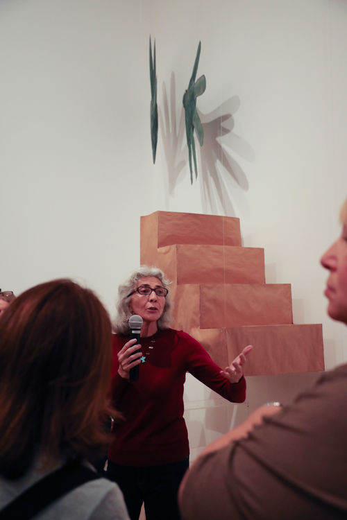 Artist Sylvia Palacios Whitman in front of elements from her performance Passing Through, 1977, at the Radical Women artists' walkthrough. Hammer Museum, Los Angeles, September 16, 2017