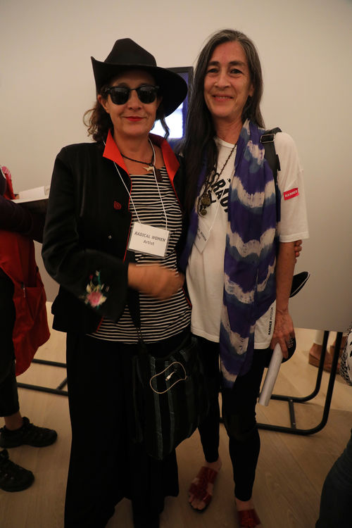 Artists Ximena Cuevas (left) and Karen Lamassonne (right) at the Radical Women artists' walkthrough. Hammer Museum, Los Angeles, September 16, 2017
