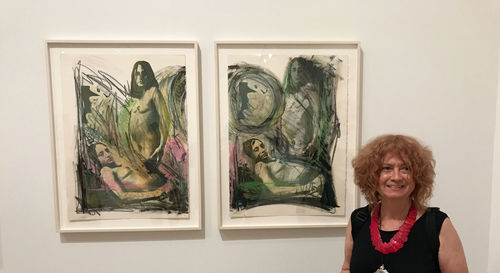 Artist Josely Carvalho in front of her work Waiting, 1982, at the Radical Women artists' walkthrough. Hammer Museum, Los Angeles, September 16, 2017
