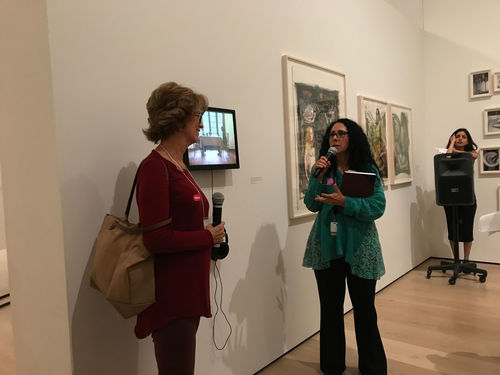 Artist Patricia Restrepo and curator Cecilia Fajardo-Hill in front of Restrepo's Por la mañana (In the morning), 1979, at the Radical Women artists' walkthrough. Hammer Museum, Los Angeles, September 16, 2017
