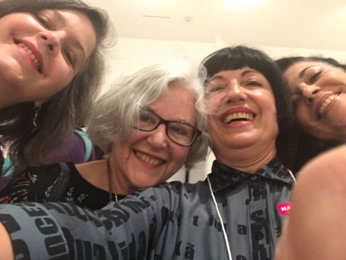 From left to right: artists Poli Marichal, Vera Chaves Barcellos, Lenora de Barros, and Analívia Cordeiro pose for a selfie at the Radical Women artists' walkthrough. Hammer Museum, Los Angeles