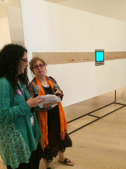 Curator Cecilia Fajardo-Hill (left) and artist Sandra Llano-Mejía (right) in front of In Pulso (In Pulse), 1978, at the Radical Women artists' walkthrough. Hammer Museum, Los Angeles