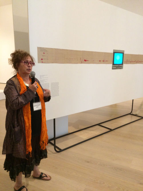 Artist Sandra Llano-Mejía (right) in front of In Pulso (In Pulse), 1978,  at the Radical Women artists' walkthrough. Hammer Museum, Los Angeles