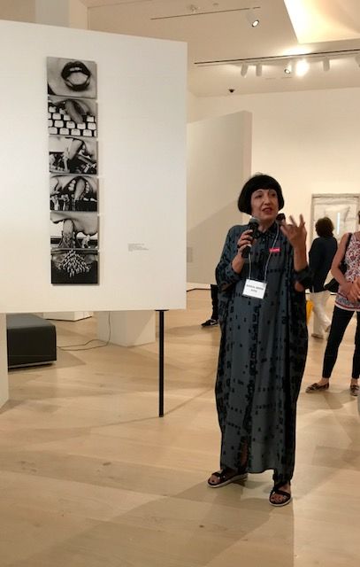 Artist Lenora de Barros in front of Poema (Poem), 1979, at the Radical Women artists' walkthrough. Hammer Museum, Los Angeles
