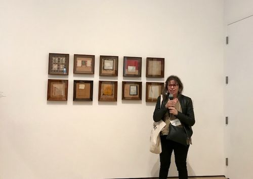 Artist Magali Lara in front of her Ventanas (Windows), 1977–78, at the Radical Women artists' walkthrough. Hammer Museum, Los Angeles