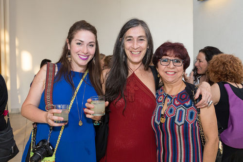 Artists Karen Lamassonne (center) and María Evelia Marmolejo (right) with guest at the opening of Radical Women. Hammer Museum, Los Angeles, September 16, 2017 
