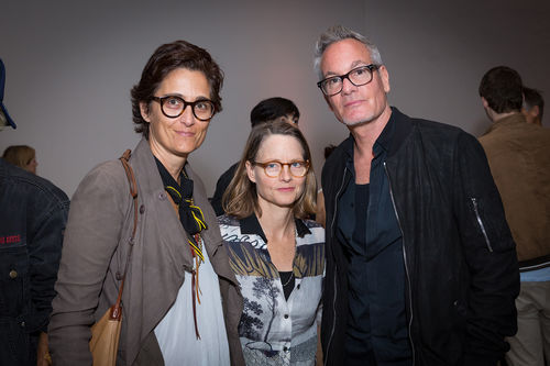 Artist Alexandra Hedison (left), actress Jodie Foster (center), and guest at the opening of Radical Women. Hammer Museum, Los Angeles, September 16, 2017

