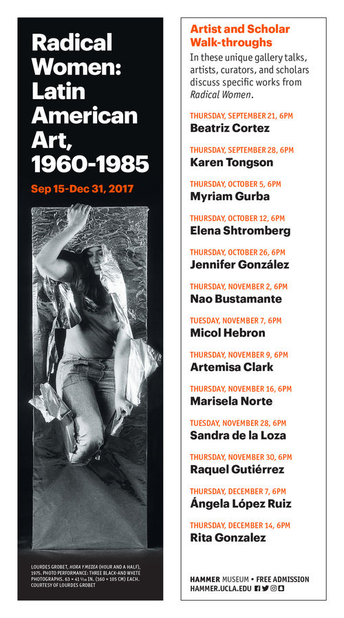 Front and back designs for Radical Women promotional bookmark, featuring Lourdes Grobet, Hora y media (Hour and a half), 1975. Hammer Museum, Los Angeles 