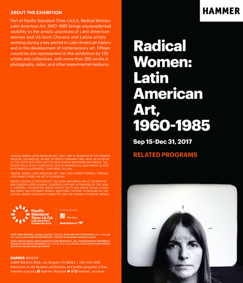 Cover design for Radical Women public programs card, featuring Marie Orensanz, Limitada (Limited)</em, 1978/2013. Hammer Museum, Los Angeles

