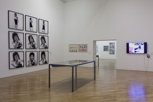 Autorretrato (Self-Portrait) gallery. On walls, from left to right: Judith F. Baca, La Pachuca, 1973, two works by Magali Lara from the series Infancia y eso, 1980, and Narcisa Hirsch, Taller (Workshop), 1975. Installation view at Pinacoteca de São Paulo

