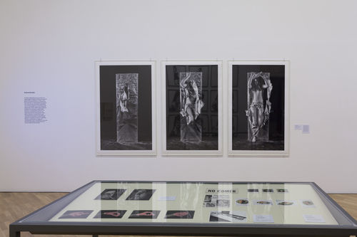 Autorretrato (Self-Portrait) gallery. In vitrine: works by Maria Eugenia Chellet, Rosa Navarro, and María Teresa Cano; on wall: Lourdes Grobet, Hora y media (Hour and a half), 1975. Installation view at Pinacoteca de São Paulo
