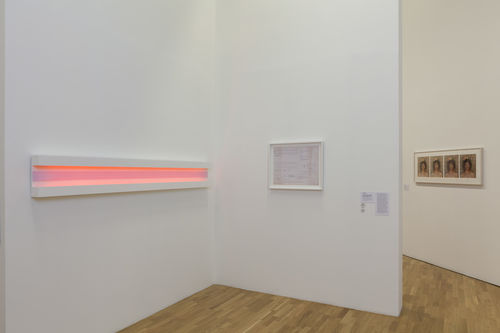 Autorretrato (Self-Portrait) gallery. Foreground, on two walls: elements from Teresa Burga, Autorretrato. Estructura. Informe. 9.6.1972 (Self-Portrait. Structure. Report. 9.6.1972), 1972; background: Sylvia Salazar Simpson, Antes-Después (Before-After), 1981. Installation view at Pinacoteca de São Paulo
