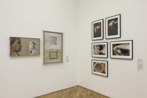 Resistência e medo (Resistance and Fear) gallery. From left to right: Roser Bru, Gabriela Mistral, 1983, and Cal-Cal Viva (Lime-quicklime), 1978, and Ana Mendieta, Rape Scene, 1973. Installation view at Pinacoteca de São Paulo
