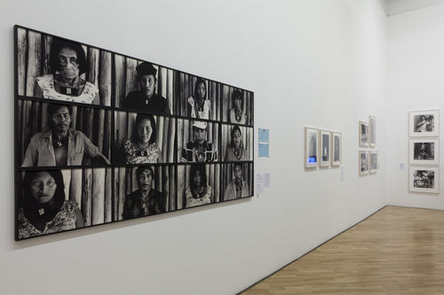 Lugares sociais (Social Places) gallery. Foreground, at left: Claudia Andujar, works from the series Marcados (Marked), 1981–83. Installation view at Pinacoteca de São Paulo
