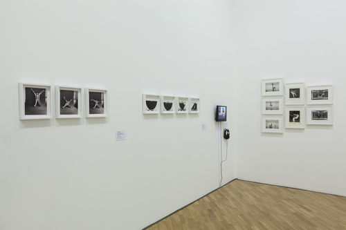 "O erótico (The Erotic)/Performance do corpo (Performing the Body) gallery. From left to right: Martha Araújo, photographic documentation of the performances Para Um Corpo Nas
Suas Impossibilidades and Hábito/Habitante (Habit/Inhabitant), 1985, Ani Villanueva, Cuadro móvil (Moving Picture), 1982, and Sylvia Palacios Whitman, Passing Through, 1977, and Sling Shot, 1975. Installation view at Pinacoteca de São Paulo"
