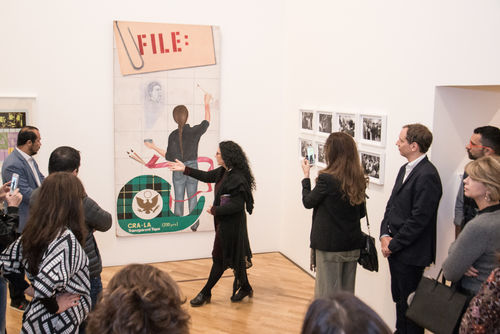 Curator Cecilia Fajardo-Hill discusses Barbara Carrasco's Censorship (1984) during an opening day tour of Radical Women. Pinacoteca de São Paulo, August 18, 2018