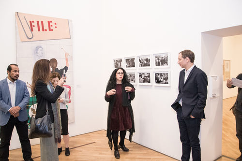 Curator Cecilia Fajardo-Hill (center) leads an opening day tour of Radical Women. Pinacoteca de São Paulo, August 18, 2018
