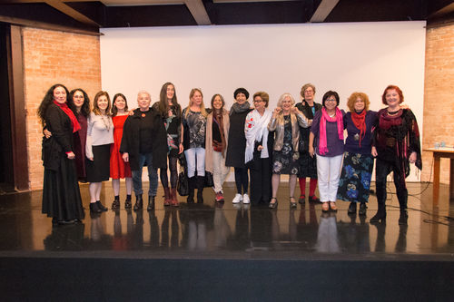 Radical Women artists and curators at the exhibition opening. From left to right: Janet Toro, curator Cecilia Fajardo-Hill, Pinacoteca chief curator Valéria Piccoli, curatorial assistant Amanda Arantes, Paz Errázuriz, Karen Lamassonne, Victoria Cabezas, Cecilia Vicuña, Lenora de Barros, Yolanda Freyre, Vera Chaves Barcellos, Liliane Dardot, María Evelia Marmolejo, Josely Carvalho, and Maria Eugenia Chellet.  Pinacoteca de São Paulo, August 18, 2018
