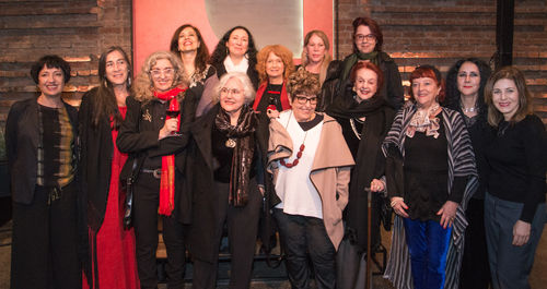 Radical Women artists and curators at the exhibition opening. From left to right: Lenora de Barros, Karen Lamassonne, Marcia Schvartz, curator Andrea Giunta, Vera Chaves Barcellos, Janet Toro (behind Chaves Barcellos), Josely Carvalho, Regina Silveira, Victoria Cabezas (behind Silveira), Carmela Gross, Teresinha Soares (in front of Gross), Maria Eugenia Chellet, curator Cecilia Fajardo-Hill, and Pinacoteca chief curatorValéria Piccoli. Pinacoteca de São Paulo, August 18, 2018